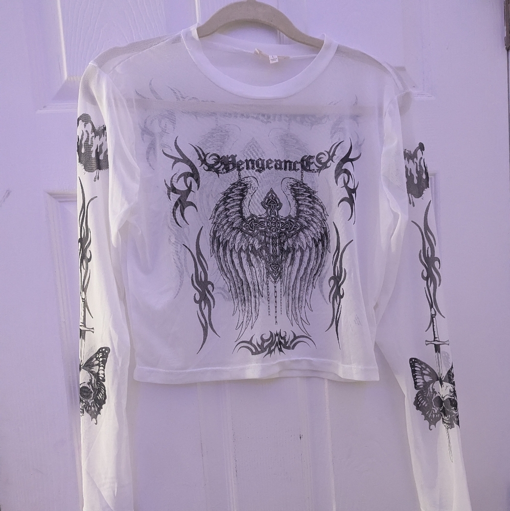 White Graphic Long Sleeve Top Shear